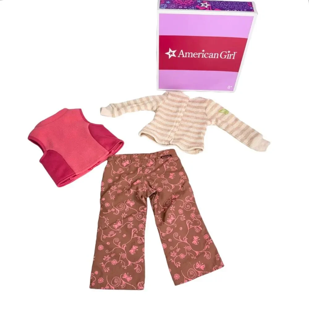 American Girl Wilderness Outfit Thermal Top Floral Hiking Pant Pink Zip Vest Box